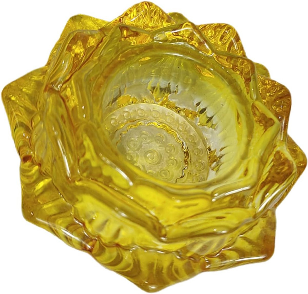 Geel Glazen Kandelaar Bloem Theelichthouder met Lotus Ontwerp - 8,7 x 8,7 cm