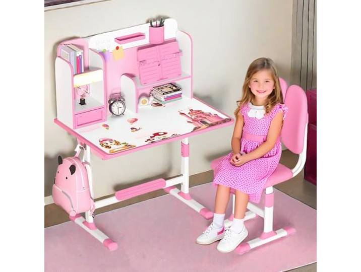 ilkqeppe Kinder-Schreibtisch- und Stuhl-Set, Kinderschreibtische, Jungen und Mädchen, Schreibtisch für Kinderzimmer, höhenverstellbar, Kinder-Studiertisch und Stuhl-Set mit Sitzkorrektur, Schublade