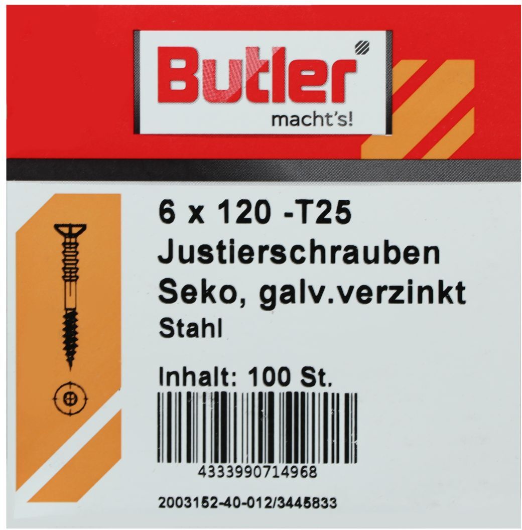 REYHER Butler macht's! Justierschraube, Stahl, Senkkopf, galvanisch verzinkt, T25, 6 x 120 mm, 100 Stück