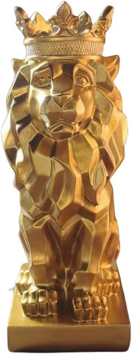 Gouden Leeuwen Beeldje met Geometrisch Ontwerp voor Woondecoratie - H x B x D: 23 x 8 x 12 cm