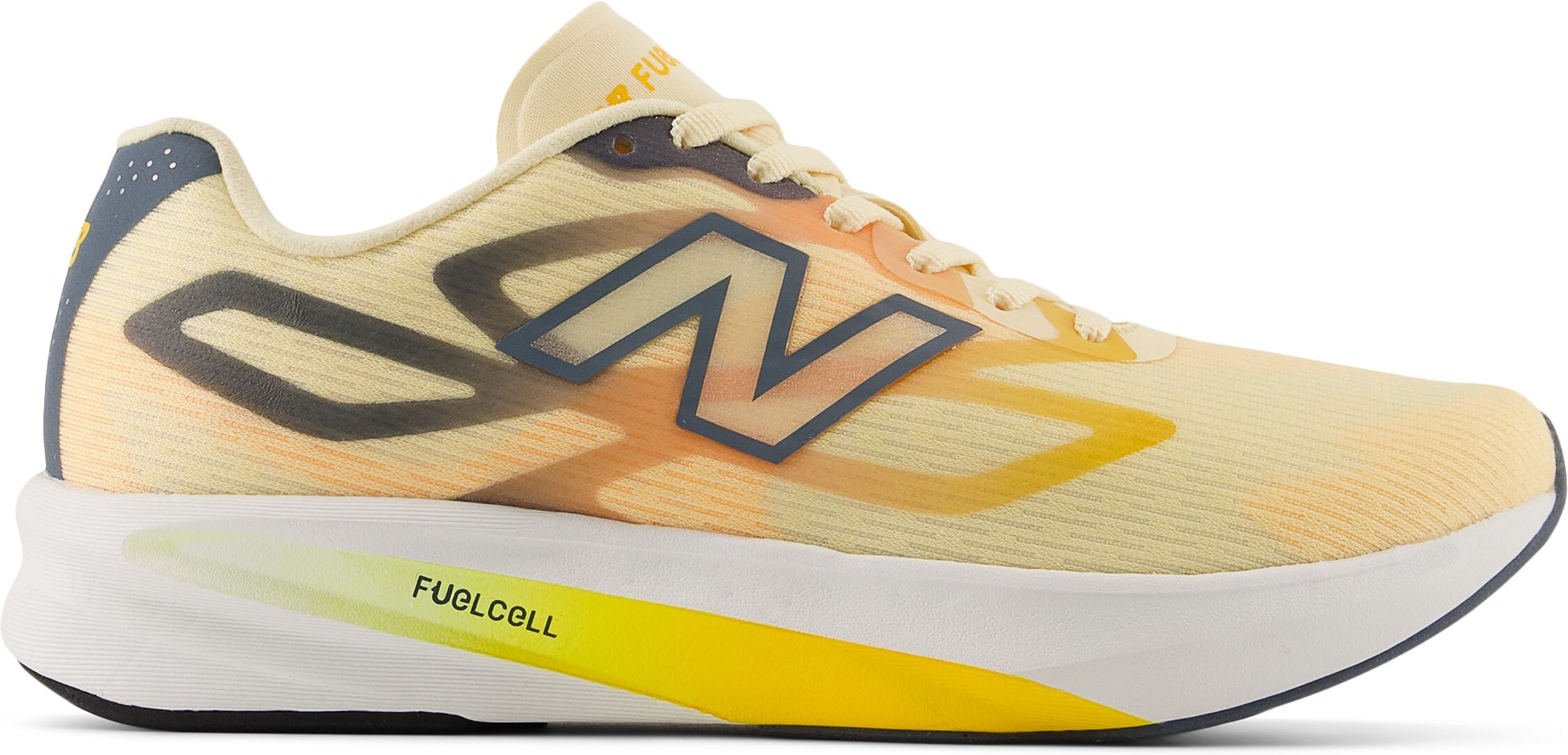 Laufschuh NEW BALANCE "Flight-R", Damen, Gr. 43, beige (calcium, shadow blau, satsuma orange), Synthetik, Textil, Schuhe Laufschuh, für leichte, reaktionsfreudige Dämpfung calcium, shadow blau, satsuma orange 43