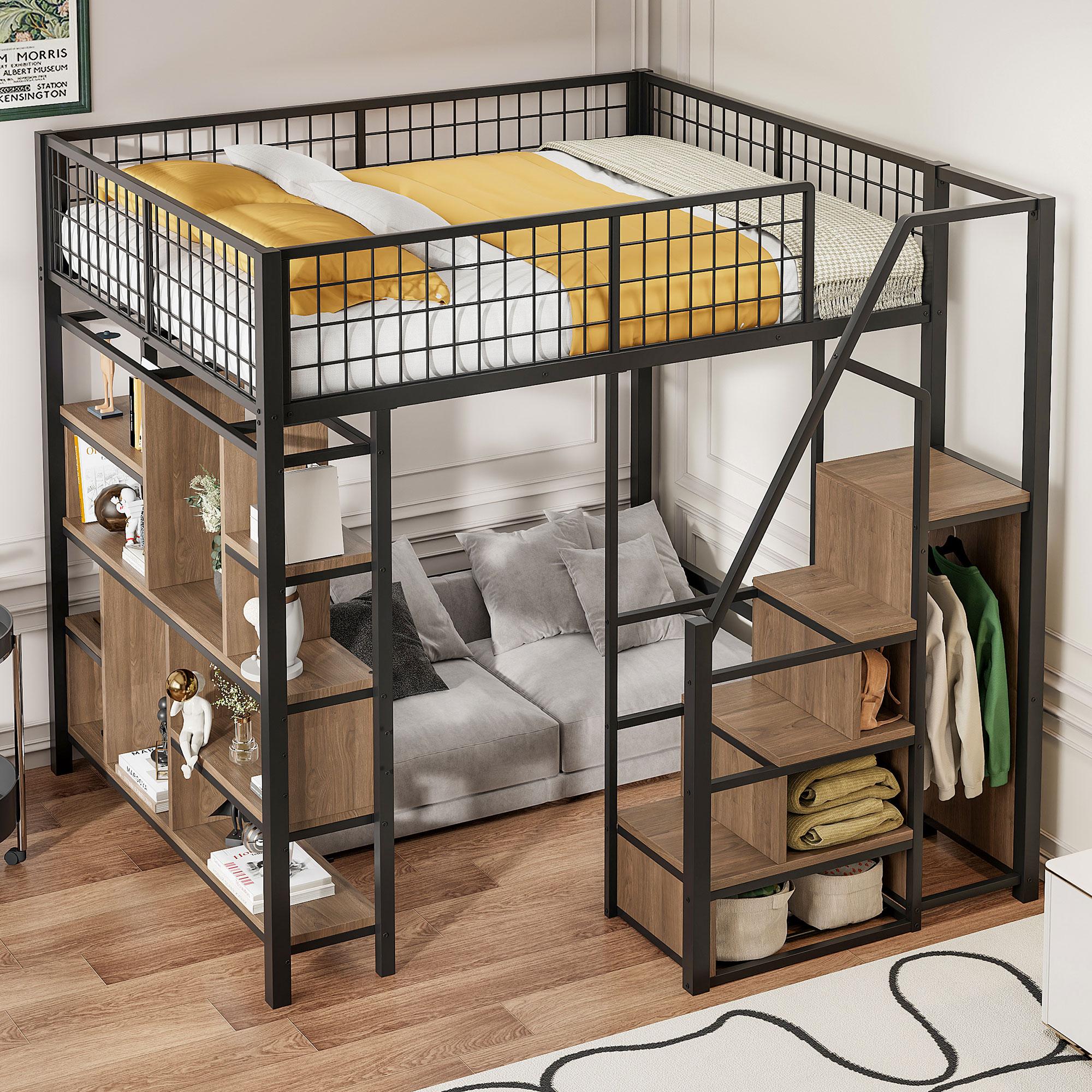 Hochbett 140x200 cm Schwarz, Metallbett mit Stauraum, Ablageflächen und Treppe, Bettgestell für Schlafzimmer