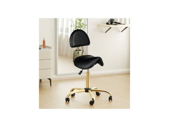 Tabouret roulettes Professionnel avec Dossier VINGLI Tabouret de Selle Rotation à 360° Hauteur Réglable 70-85cm PU Noir + Or