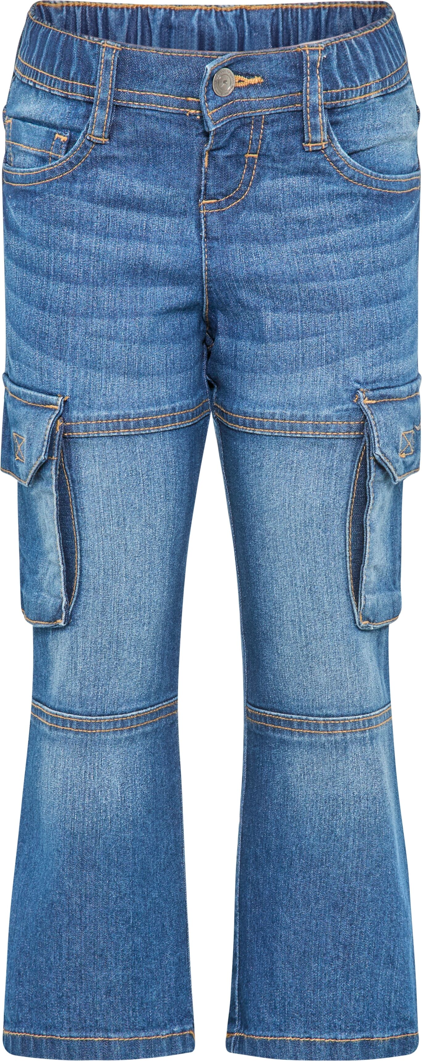 Schlupfjeans KANGAROOS "Cargo-Jeans für kleine Jungen", Jungen, Gr. 110, N-Gr, blau (blau stone used), Denim/Jeans, Obermaterial: 81% Baumwolle, 17% Polyester, 2% Elasthan, unifarben, comfort fit lang, Jeans Schlupfjeans, Stretchjeans mit coolen Cargotasc