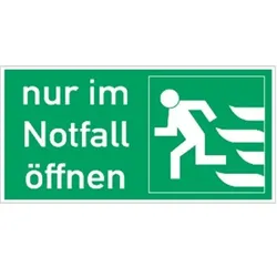 Aufkleber Nur im Notfall öffnen links, Querformat, Folie, 148x74 mm