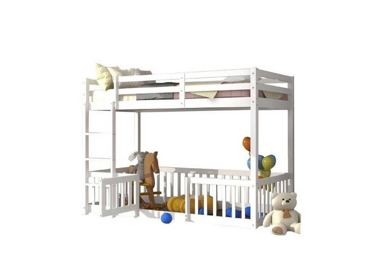 Odikalo Kinderbett Etagenbett m.Treppe, Zäune,Türchen, mit Fallschutz,Gitter, Massivholz