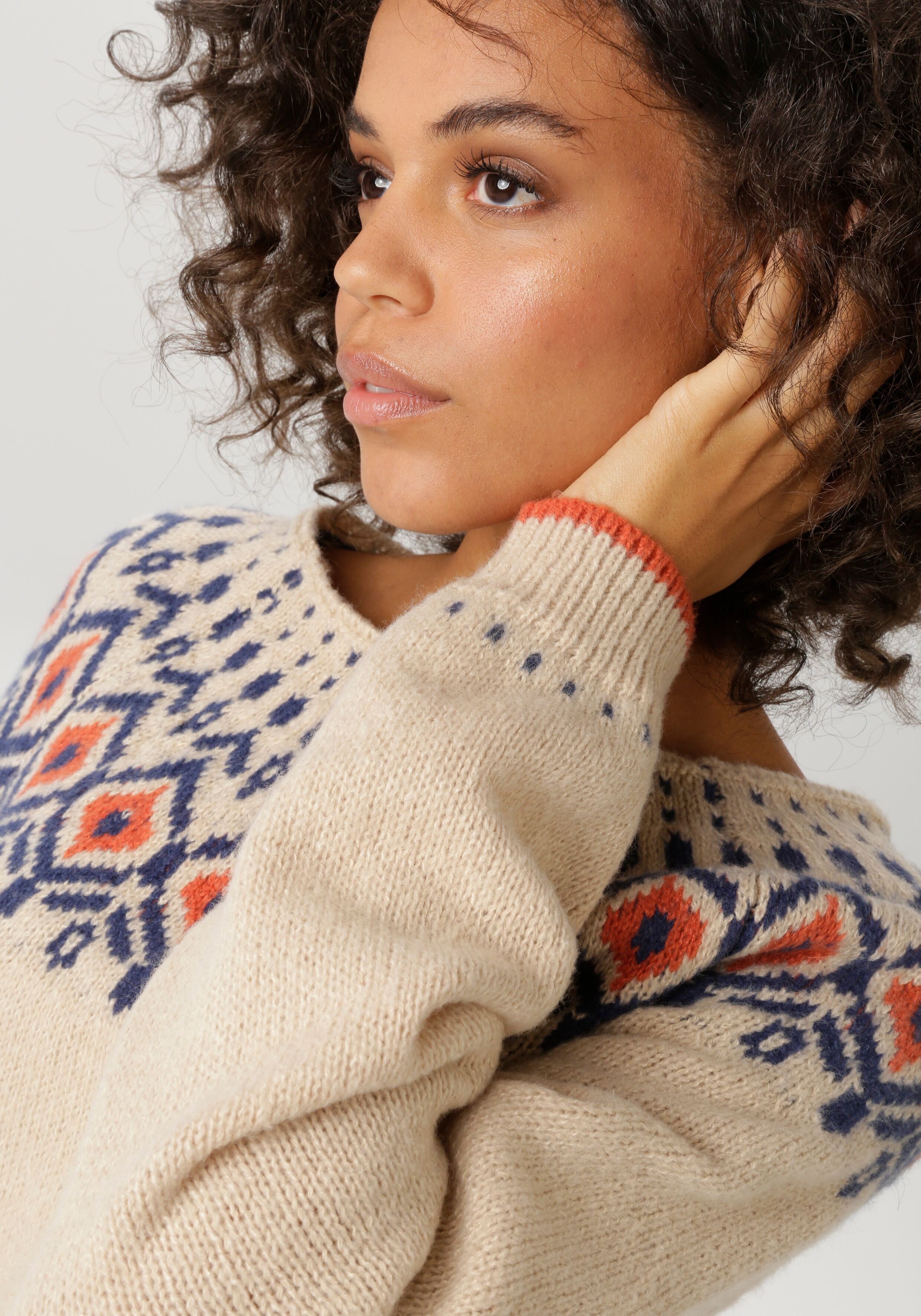 Strickpullover ANISTON CASUAL, Damen, Gr. 34, beige (natur, blau, terrakotta), Strick, Obermaterial: 100% Polyester, figurumspielend hüftlang, Rundhals, Raglanärmel Rippstrickbündchen, Pullover Strickpullover, mit farbharmonischen Norweger-Muster natur, b