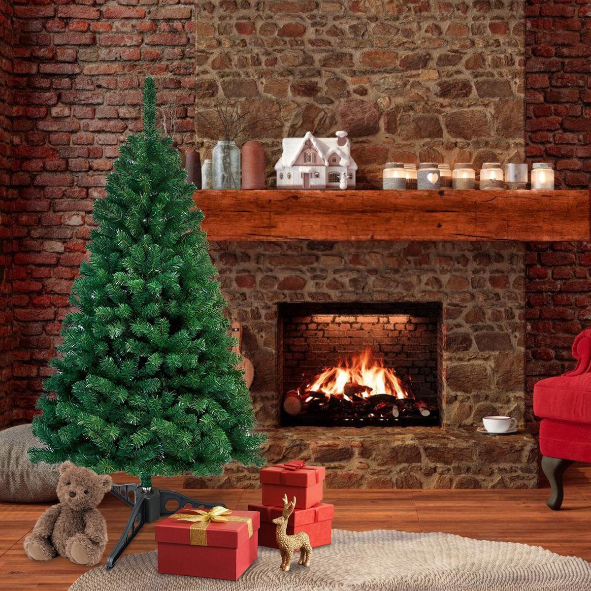 Realistische groene kunstkerstboom van PVC met kunststof standaard, 120 cm