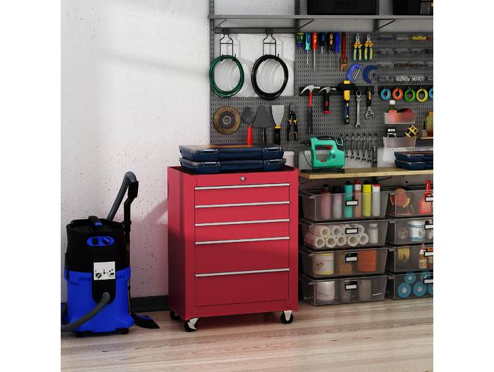 HOMCOM Chariot Atelier Acier 5 Tiroirs Verrouillable Rouge 61,5cm