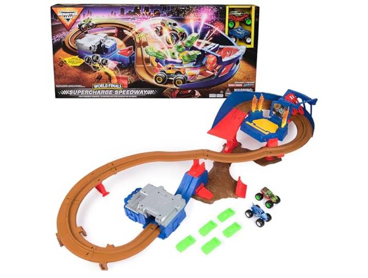 Monster Jam - Supercharge Speedway-speelset met Megalodon en El Toro Loco-trucks op schaal 1:64 - Monster Jam World Finals-racebaan met lichten