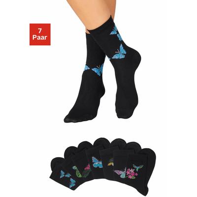Socken H.I.S "Damen lustige Motive Basic Socken für Freizeit und Alltag", Damen, Gr. 39-42, schwarz (schwarz, gemustert), Baumwolle, Baumwollmischung, Elasthan, Polyamid, gemustert, elastisch, Socken Socken, mit Schmetterlings- und Vogelmotiven