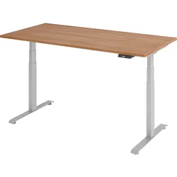 bümö höhenverstellbarer Schreibtisch 160 x 80 cm in Nussbaum, Gestell: silber - Stehschreibtisch mit 3-fach Speicher elektrisch höhenverstellbar,