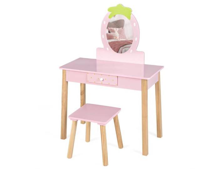 DREAMADE Ensemble Coiffeuse et Tabouret avec Miroir Amovible & Tiroir Pieds en Bois Table de Maquillage pour Petites Filles
