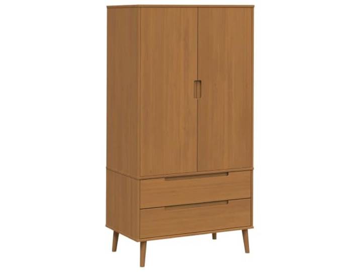 HNSMFPRE Schrank E Caramel 90 x 55 x 175 cm Kiefer massiv 2 Schubladen, Hängefach, Griffmulden, spitz zulaufende Füße, UV-Lack-Finish, Wandbefestigung inklusive