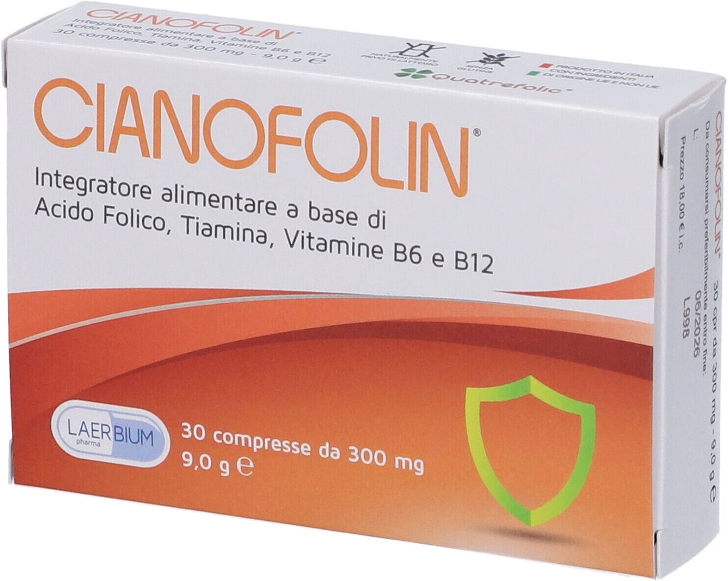 LAERBIUM PHARMA Srl Cianofolin Integratore Alimentare Laerbium Pharma, 30 Compresse, Acido Folico, Vitamine B6 e B12