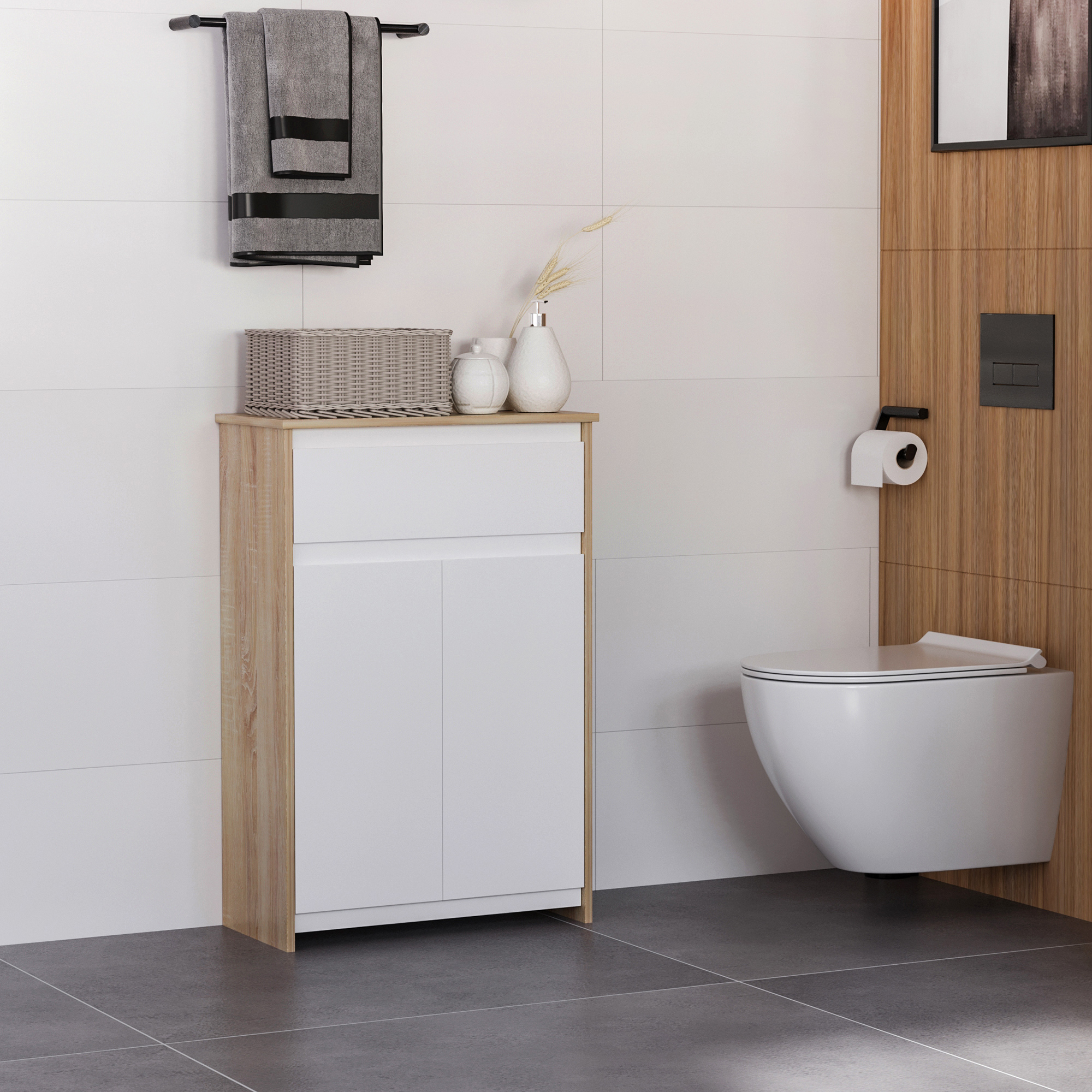 Kleankin Mobiletto da Bagno con Armadietto e Cassetto, Mobile Multiuso Salvaspazio, 60x30x90cm, Color Legno e Bianco   Aosom Italy