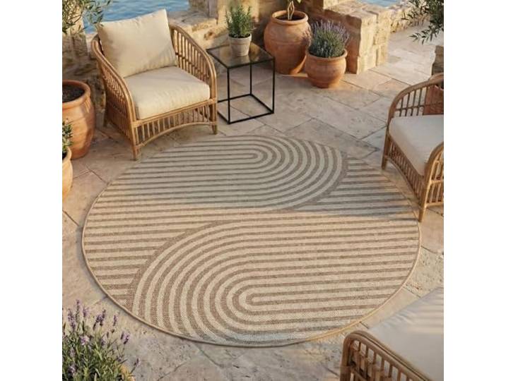 LIVUM Tapis Rond Intérieur et Extérieur Résistant\, Durable et Confortable pour Salon Terrasse Balcon Jardin\, Motif Géométrique\, Facile à Nettoyer (Beige\, 160cm Rond)