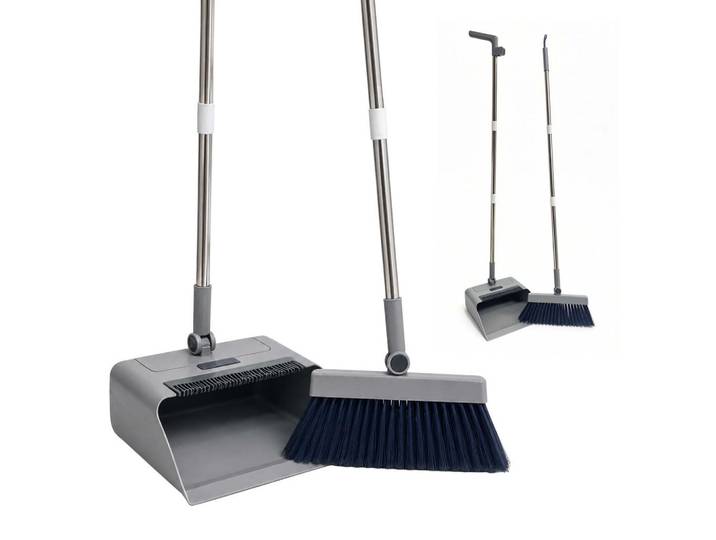 Relaxdays Kehrset Grau Schwarz Silber 2-tlg. mit langem Stiel, Mehrfarbig, Kunststoff, Metall, 25.5x124x25.5 cm, Haushalt & Reinigung, Reinigung, Besen & Bürsten