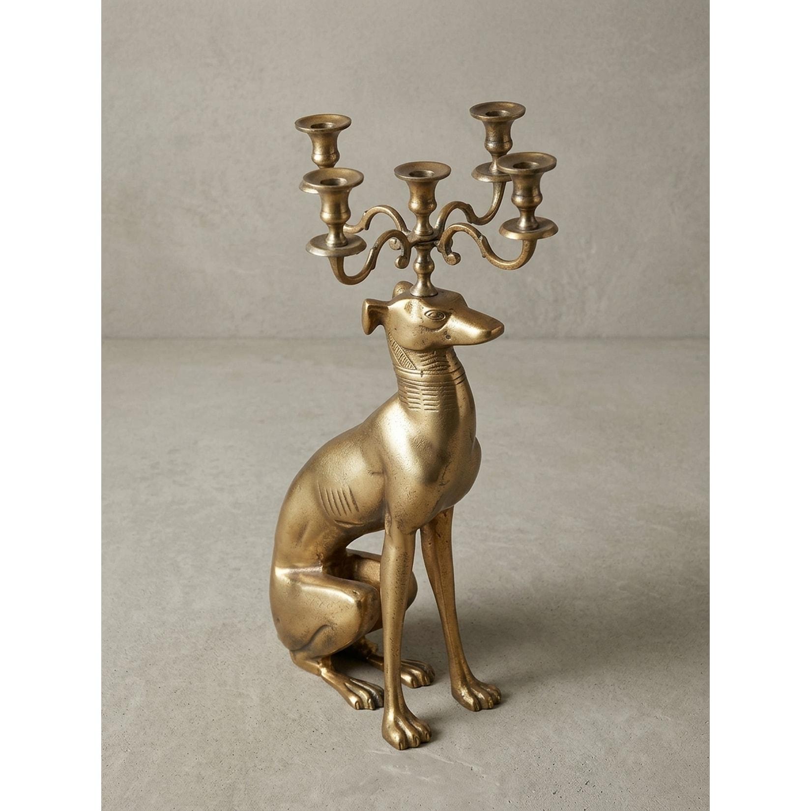 Dekofigur Kerzenhalter Windhund Aluminium Gold 69 cm mit 5 Armen