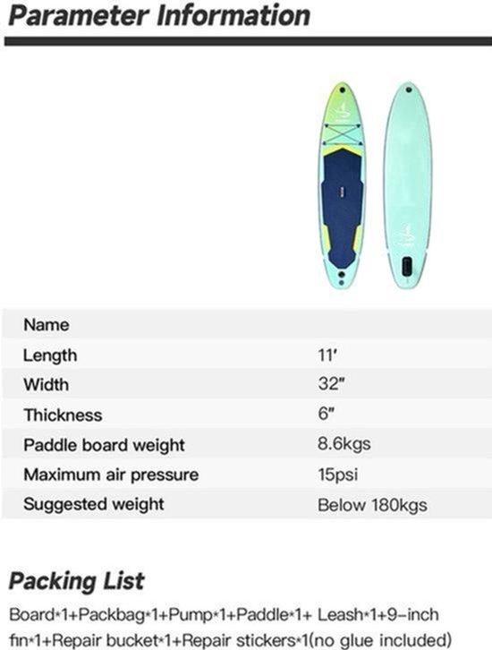 Aufblasbares SUP-Set 2 - Länge: 11 Fuß / 3,35 Meter - Gewicht: 9 kg - Ideal für Wassersport, Yoga und Angeln - Stand-Up-Paddle-Board