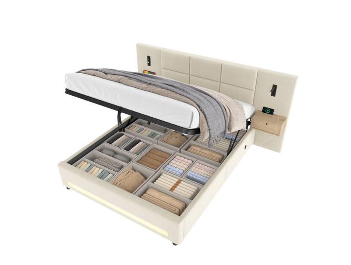 Lvhom Polsterbett Doppelbett 180x200cm mit Nachttischen, Funktionsbett Samt mit LED und Usb, Beige, 180x200 cm, Schlafzimmer, Betten, Boxspringbetten