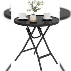 Klapptisch 46x47,5cm, runde Tischplatte aus gehärtetem Glas, Gartentisch, Beistelltisch, Bistrotisch Balkontisch aus verdicktem Stahlrahmen, Schwarz