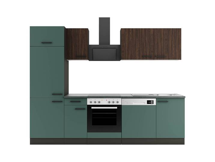 Küchenzeile Anthrazit B 270cm Braun/Grün/Nussbaum Dekor ohne Elektrogeräte