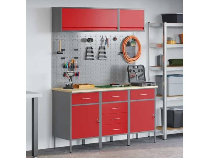 ZXQVLMRS Werkstattschrank-Set, Metall-Schranksystem, 6 Schubladen, Rot Inklusive Lochwand, Pulverbeschichteter Stahl, Mit Schlössern, Platzoptimierend