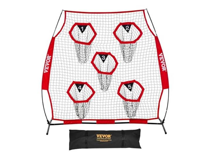 VEVOR Filet de Lancement pour entraîneurs de Football\, 1\,8 x 1\,8 m\, Filet d'entraînement avec 5 Poches pour Cible\, Filet sans nœuds avec Sangles et étui de Transport\, améliore la précision de