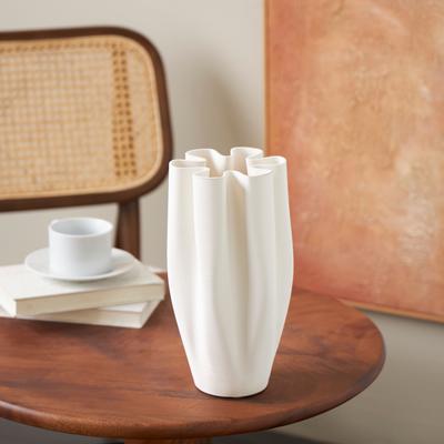 ARCILLA ELEMENTAL White Ceramic Ribbed Dimensional Folded Abstract Decorative Vase with Floral Shaped Rim