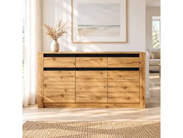 Buffet bas 140x35x70 cm 3 tiroirs 3 portes étagères réglables décor bois naturel FIMRUT