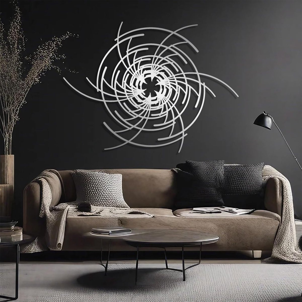 Metalen Wanddecoratie - Abstracte Grafische Kunst met Geometrisch Cirkel Ontwerp - Zilver - 89 x 66 cm