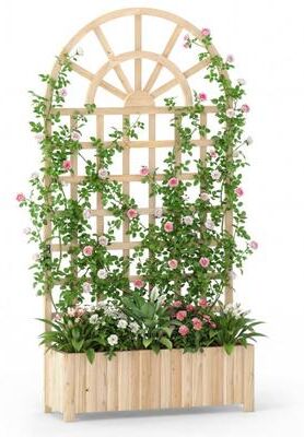 "Costway Wooden Raised Garden Bed with Trellis 71"" Outdoor Planter Box Privacy Screen-Natural"