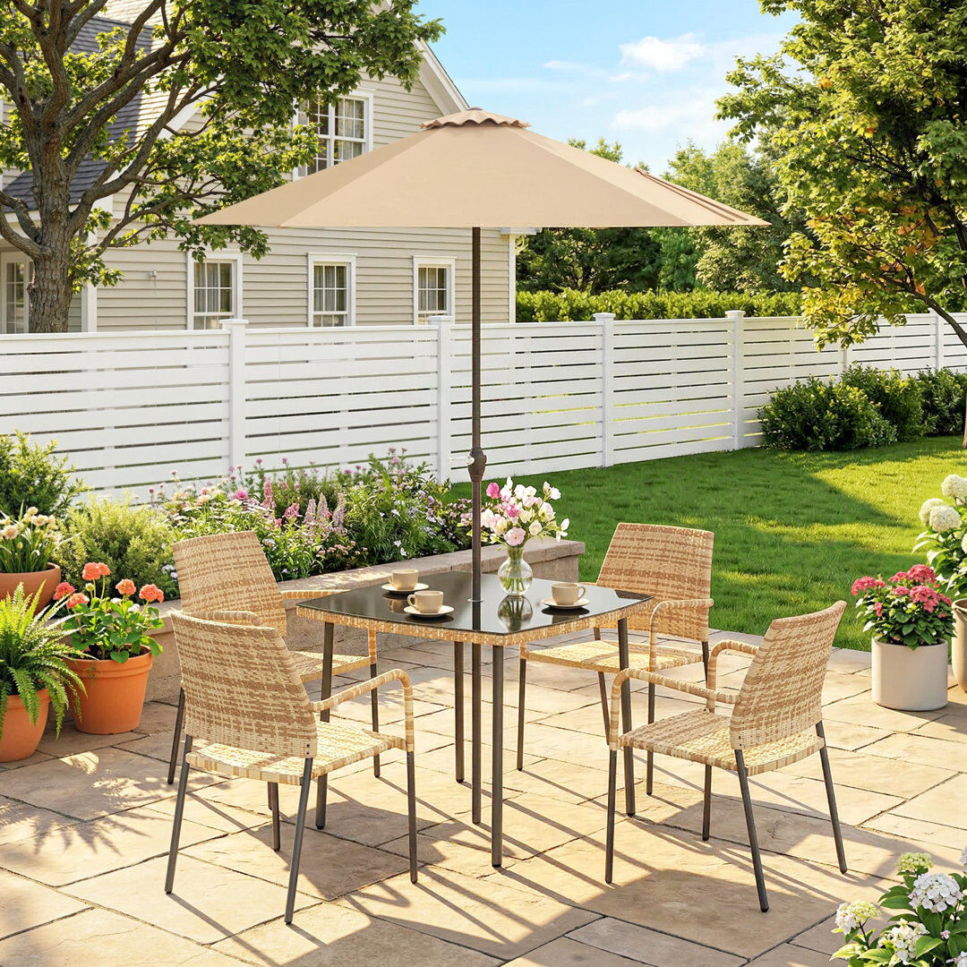 17 Stories Outsunny 4 Seater Rattan Dining Set w/ Parasol Stackable Chairs Natural 4