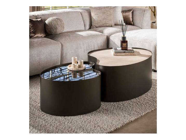 alesvelt Couchtisch AURELIA FUSIONE Organische Satztische aus Keramik, Glas & Bronze (2er-Set), 102x80x41cm 77x62x36cm Keramik Travertin-Design