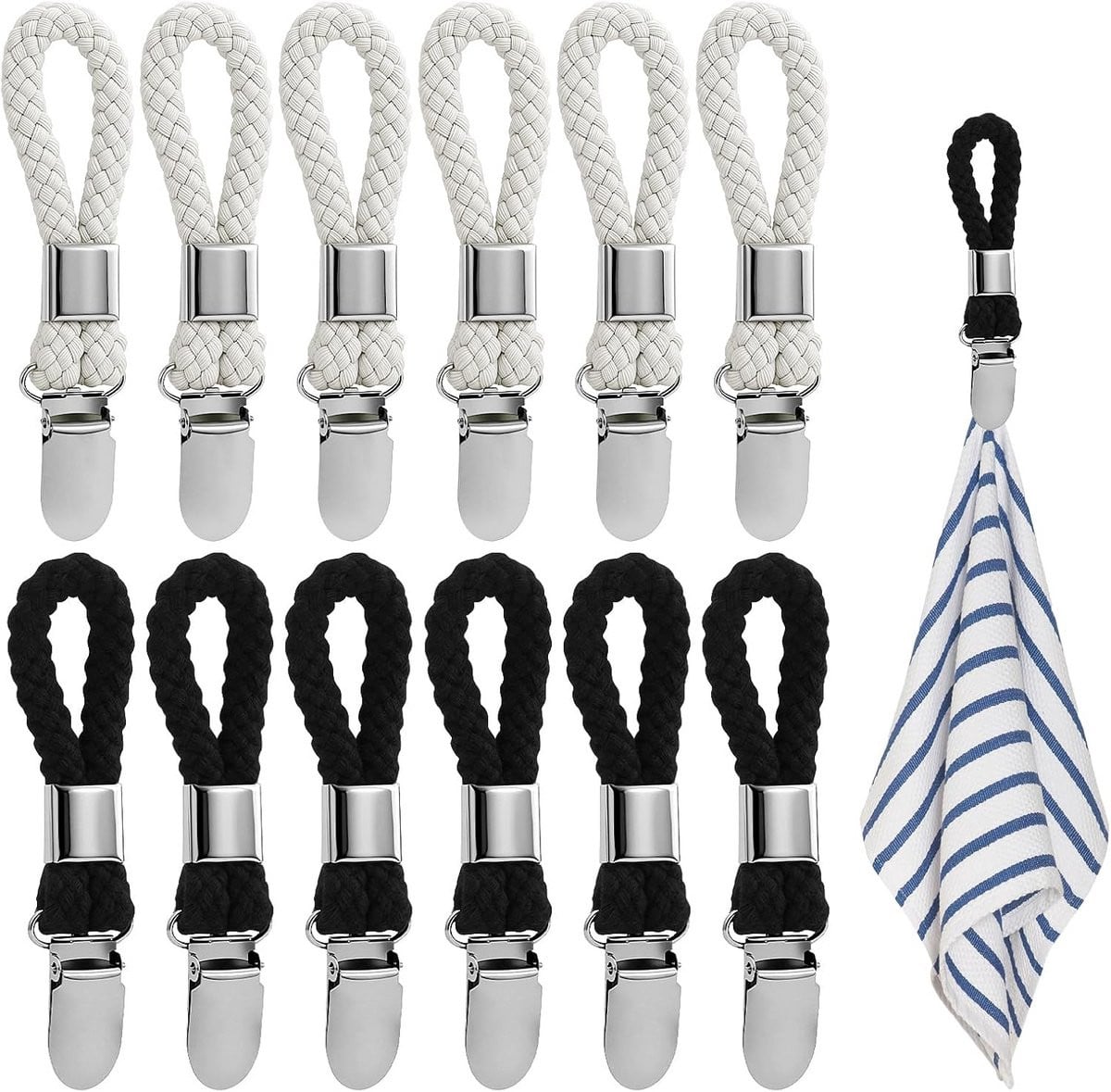 12x Handdoekklemmen met Touw voor Badkamer en Keuken - Stevige Clips RVS