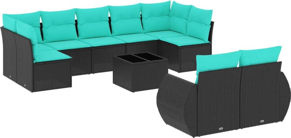 vidaXL 10-teiliges Gartensofa-Set mit Kissen, schwarzes Polyrattan
