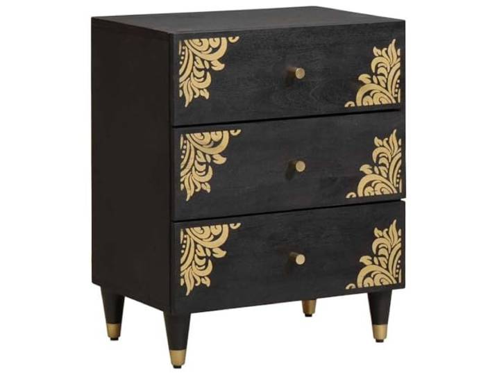 Coespram Nachttisch Schwarz 50x33x62 cm Massivholz Mango Edler Nachtschrank fürs Schlafzimmer mit Messingknöpfen, mattschwarzer Front und blickdichtem Stauraum.