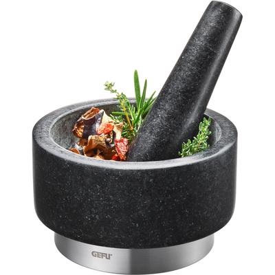 Mörser GEFU "X-PLOSION", silber (silberfarben, schwarz), H:8cm Ø:14cm, Edelstahl, Granit, Mörser, Mörser, Granit, Edelstahl, Ø 14 cm