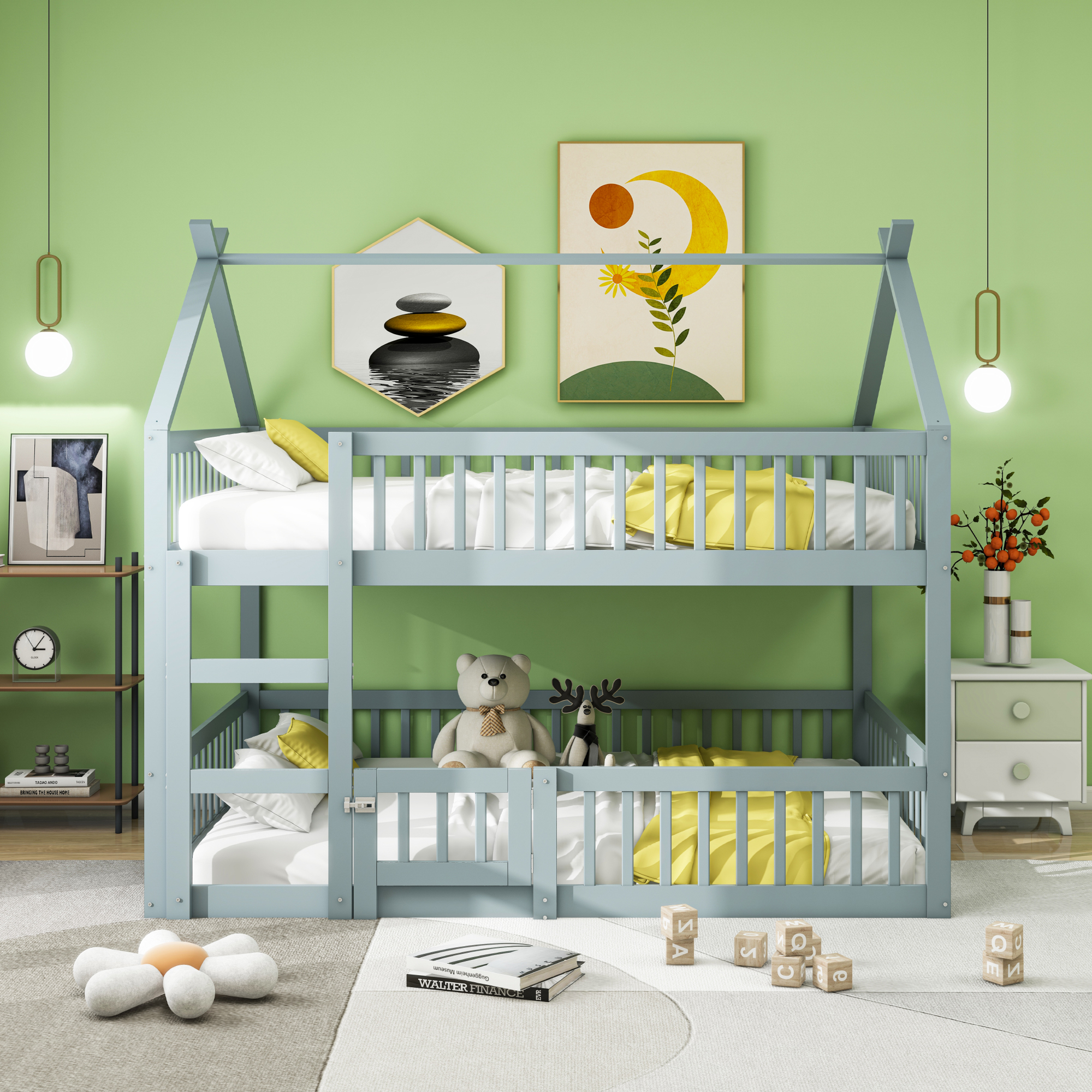 Kinder-Etagenbett 140*200, Kinder-Familienbett, Etagenbett mit Treppe, Loft Design, Massivholz-Etagenbett-Rahmen, Grau