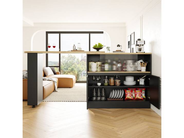MODFU Bartisch 360° drehbares Sideboard (Barschrank mit Glasschiebetür – großzügiger Stauraum)