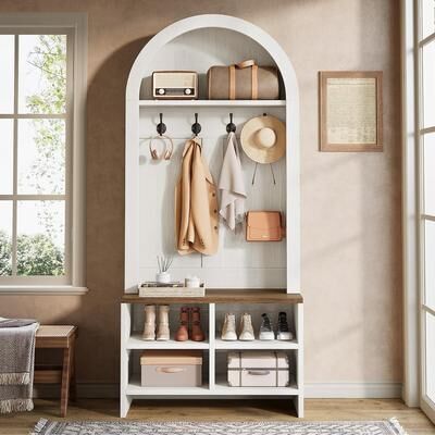 BLUEBELL "4-in-1 Arched Hall Tree with Bench and Shoe Storage, 70.8"" H Tall Entryway Coat Rack with 4 Hooks & Storage Cubbies"