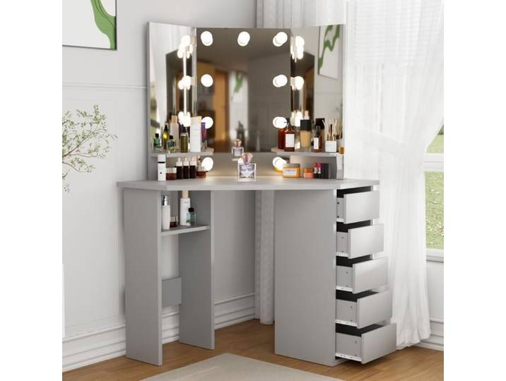 Coiffeuse avec Miroir et LED - HOMDOX - Coiffeuse d'Angle Moderne-Table de Maquillage pour Femmes - 5 Tiroirs - Etagère - Gris