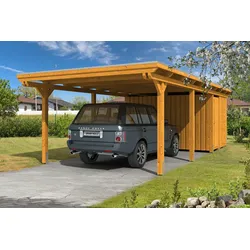 Carport Emsland 404x846cm mit Abstellraum, eiche hell, 20mm Dachschalung mit EPDM Folie Holzcarport