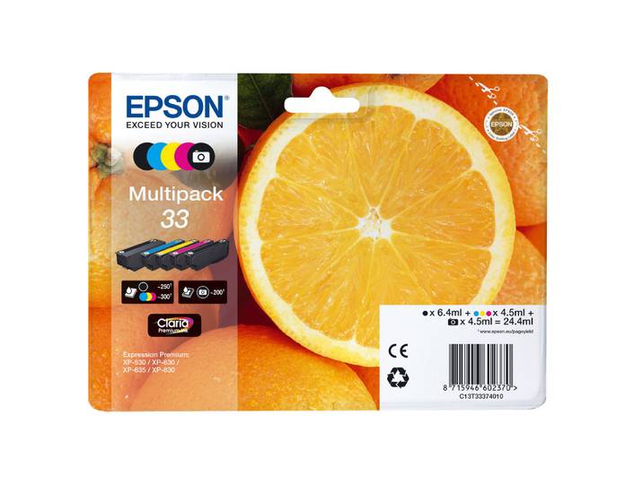 Epson Oranges Multipack 5-colours 33 Claria Premium Ink, Rendement standard, Noir, Photo noire, Cyan, Magenta, Jaune, Encre à pigments, Encre à colora