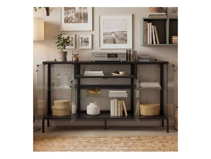 HOMSEE Sideboard mit 4 Türen, Schwarz, MDF+Glas+Metall, 150x40x80cm (1 St), Strukturglas, robuster Metallrahmen, kratzfeste Beschichtung