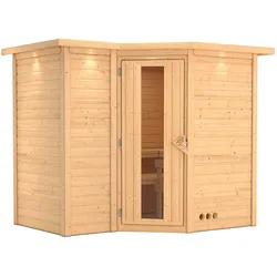 Karibu Sahib 2-Sauna 40mm -Eckeinstieg - Exklusivoptik-Ohne Ofen-inkl. Dachkranz- Isolierte Saunatür