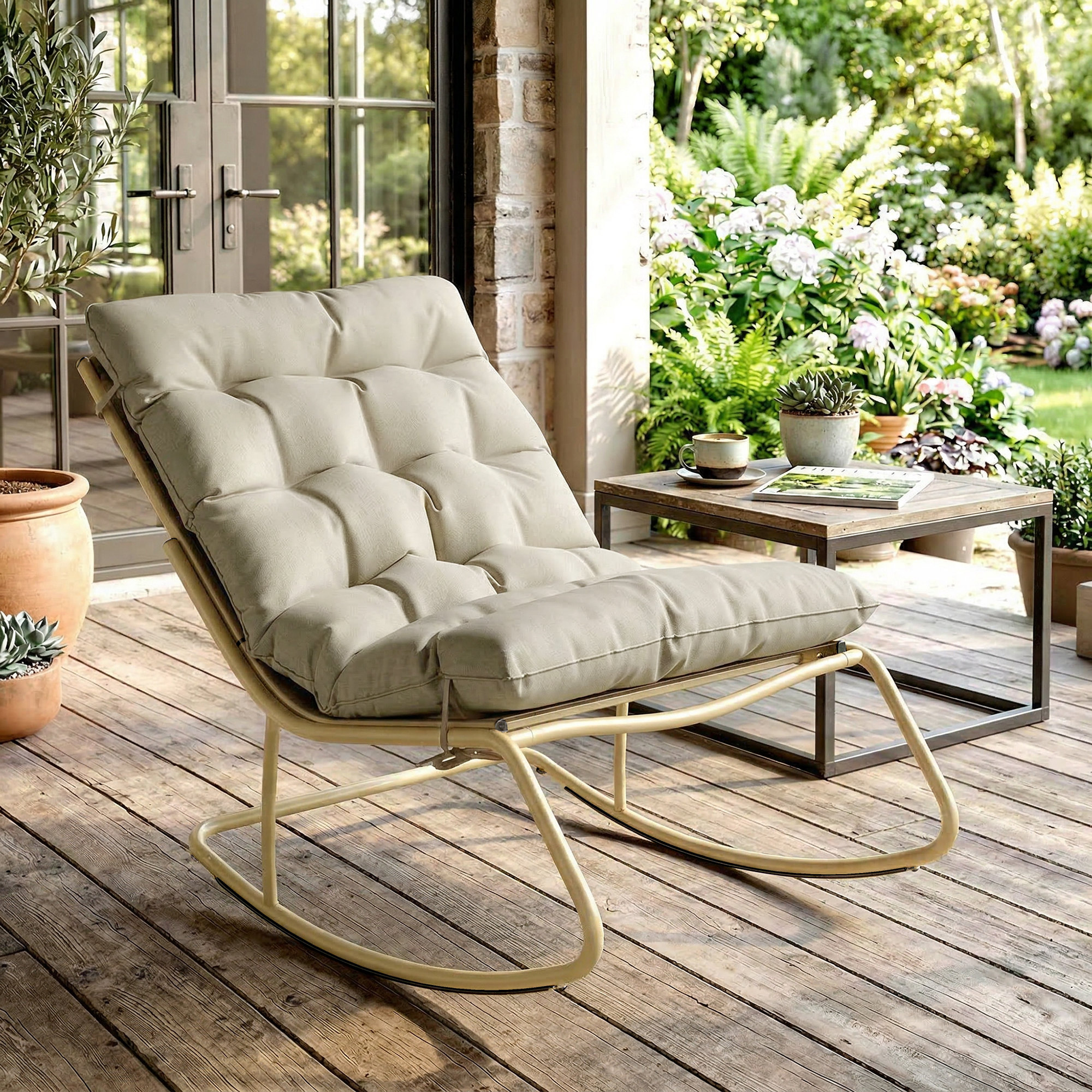 Outsunny Sedia Dondolo Esterno, Seduta 63 cm, Cuscino incluso, Colore Khaki.   Aosom Italy
