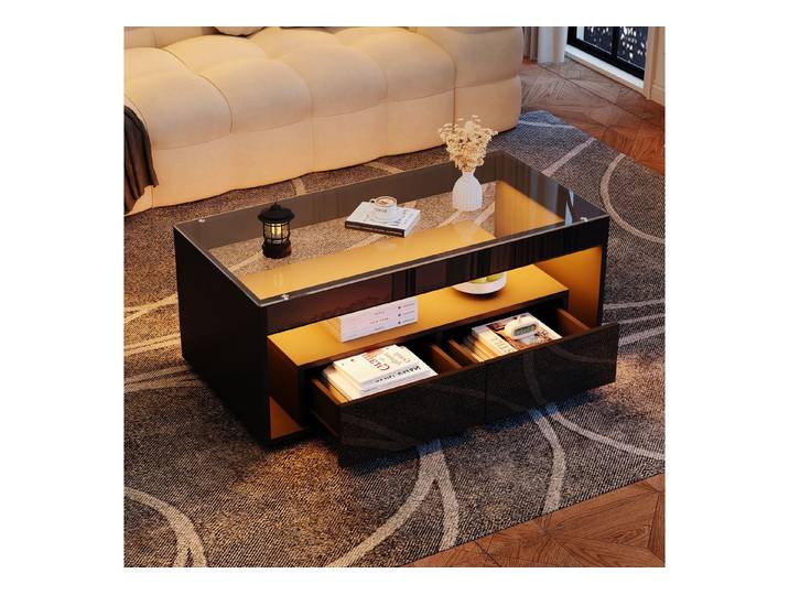 Fine Life Pro Couchtisch Schwarzer Couchtisch, LED, 2 große Schubladen, doppelschichtig, Rechteckiger Glastisch, geräumiges Wohnzimmer-Design, modern & elegant