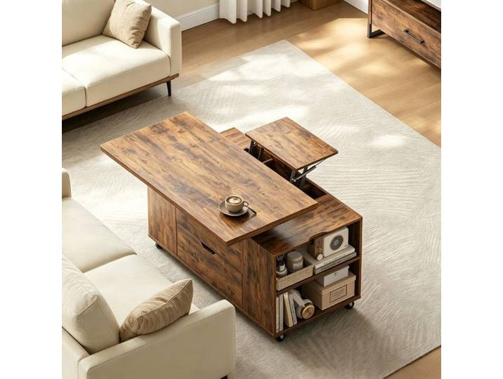 Table basse relevable - FUNMOON - Funmoon - Plateau relevable extensible - Roulettes verrouillables - Rangement intégré